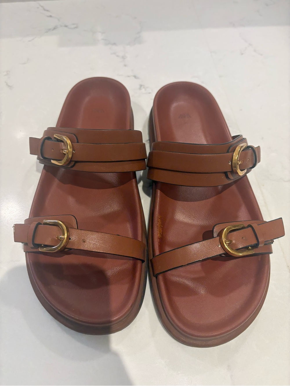 Zara Brown Double-Buckle Leather Slide Sandals